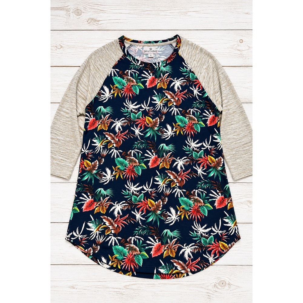 Charles And A Half Tropical Raglan Baseball Tee Floral Print Surf Beach Mens L